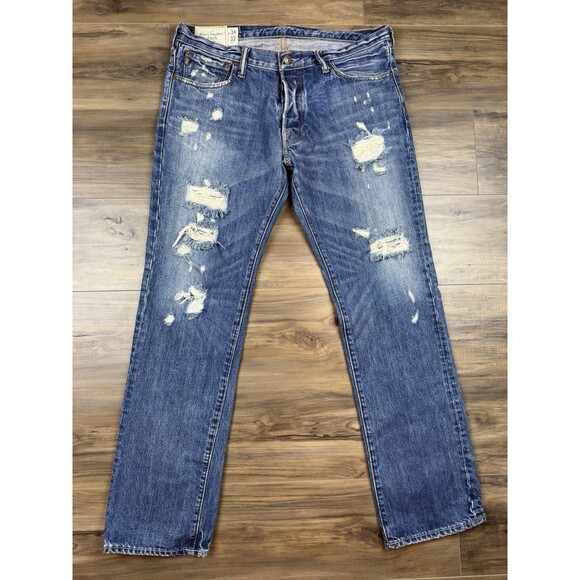 Abercrombie & Fitch Jeans Mens 34x32 Remsen Low Rise Slim Straight Distressed - Picture 1 of 10